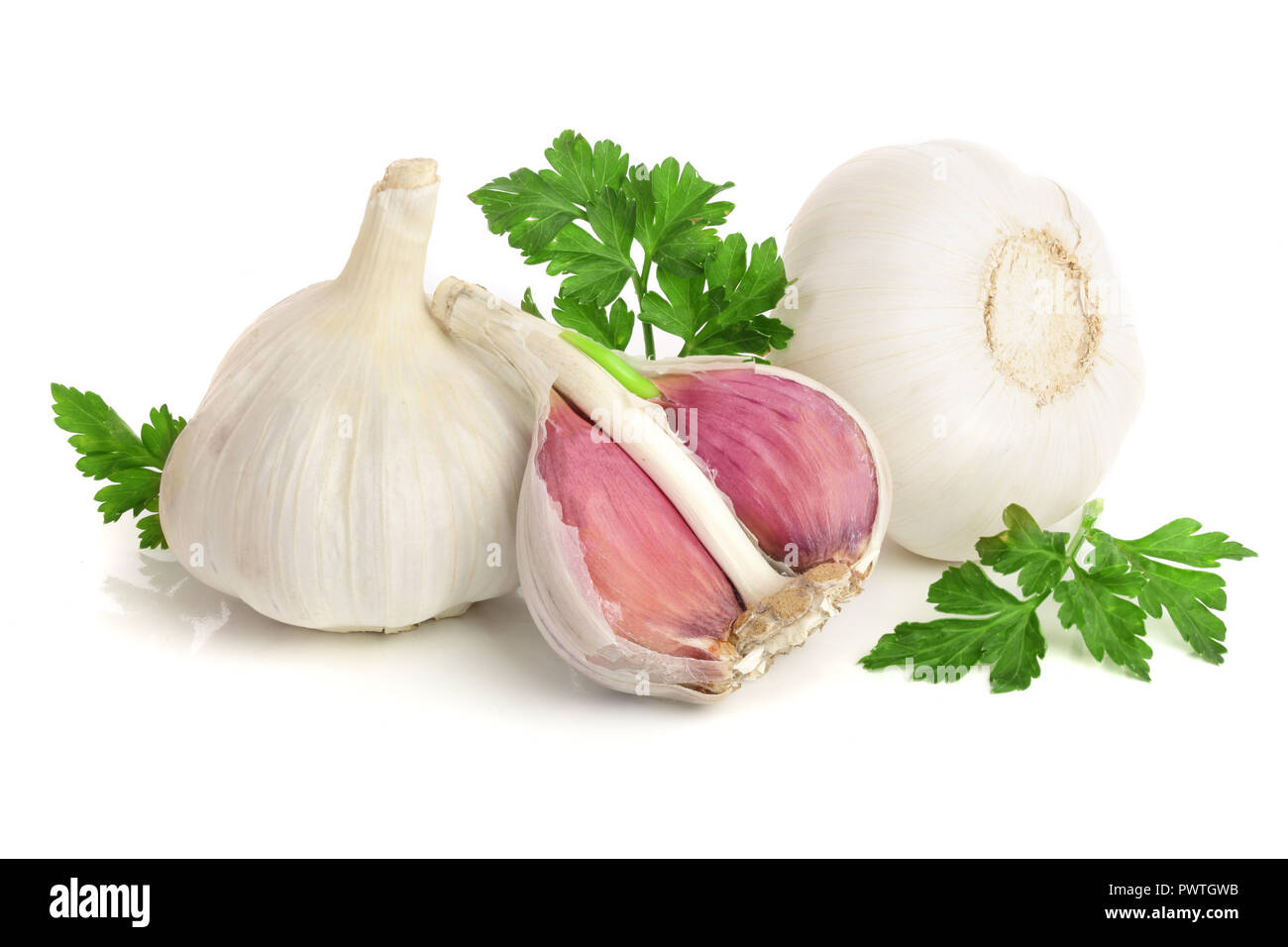 garlic with parsley leaf isolated on white background Stock Photo - Alamy