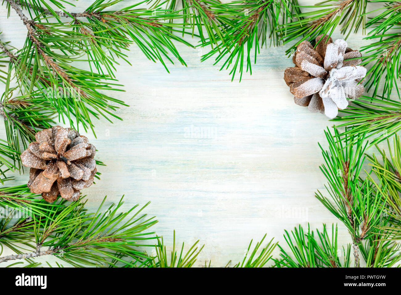 A Christmas background with fir tree branches, pine cones and snow on a ...