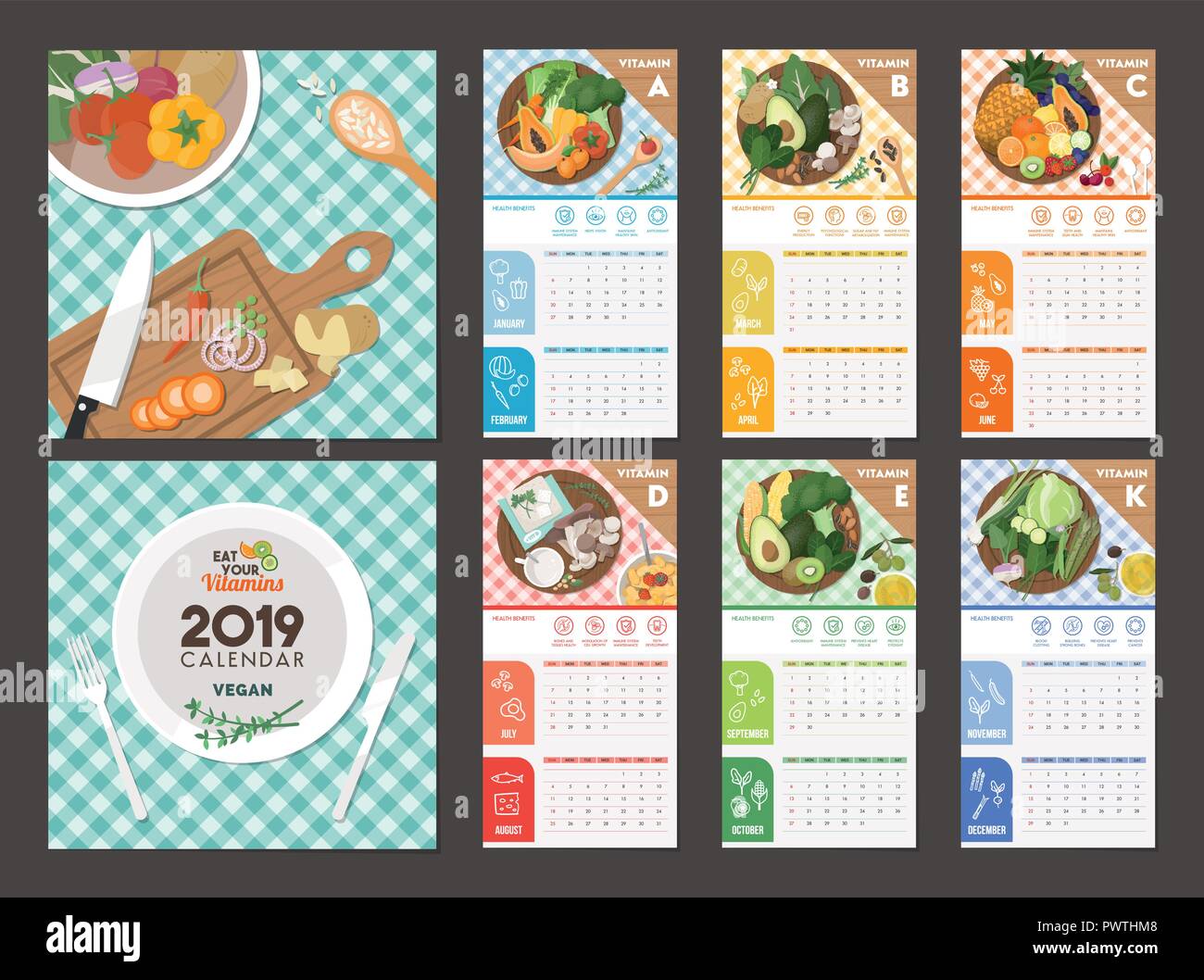 Vegan sources of vitamins and healthy eating, calendar 2019 Stock Vector