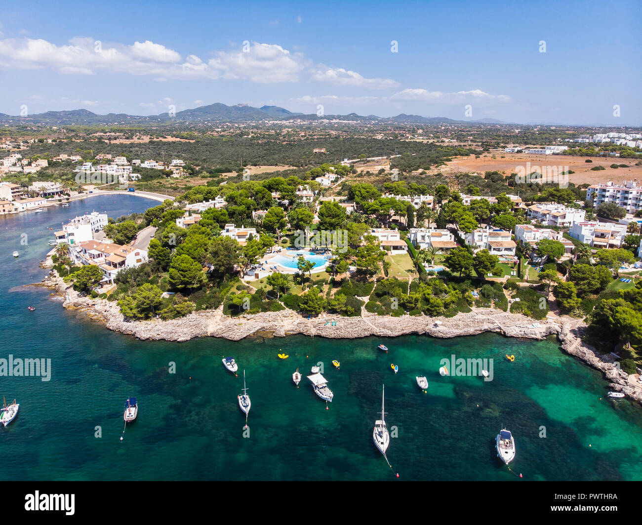 Aerial view, houses and villas, coast of Porto Petro, region Cala d'Or, Majorca, Balearic Islands, Spain Stock Photo
