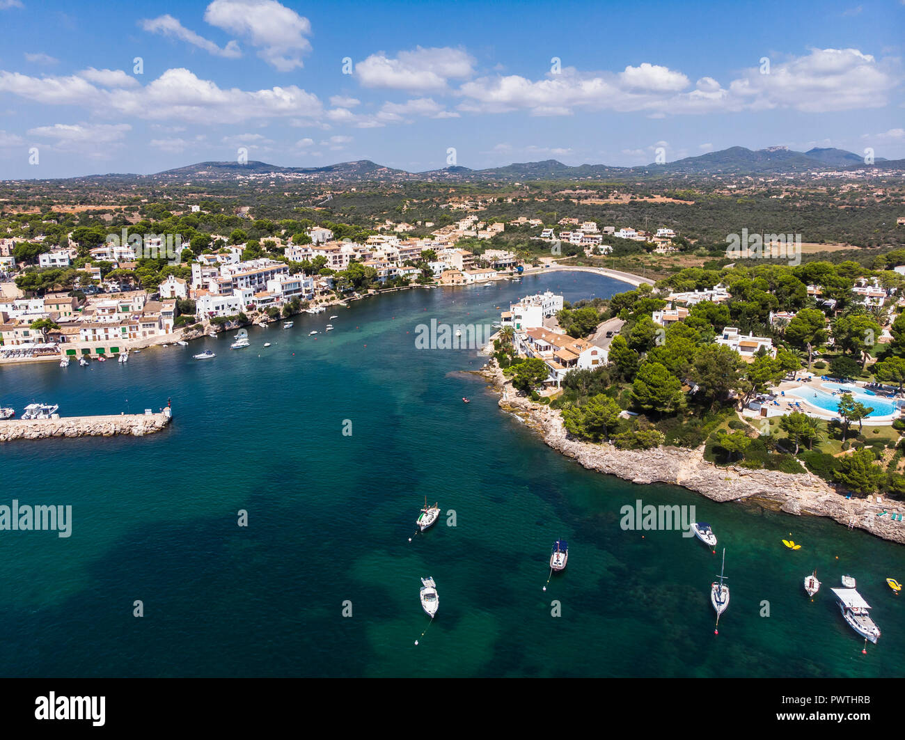 Aerial view, houses and villas, coast of Porto Petro, region Cala d'Or, Majorca, Balearic Islands, Spain Stock Photo