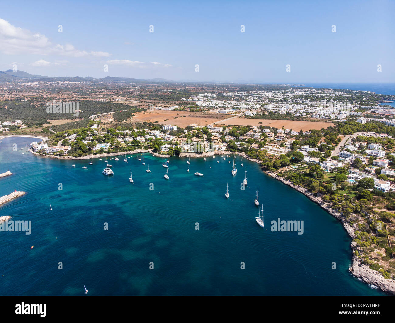 Aerial view, coast of Porto Petro, region Cala d'Or, Majorca, Balearic Islands, Spain Stock Photo