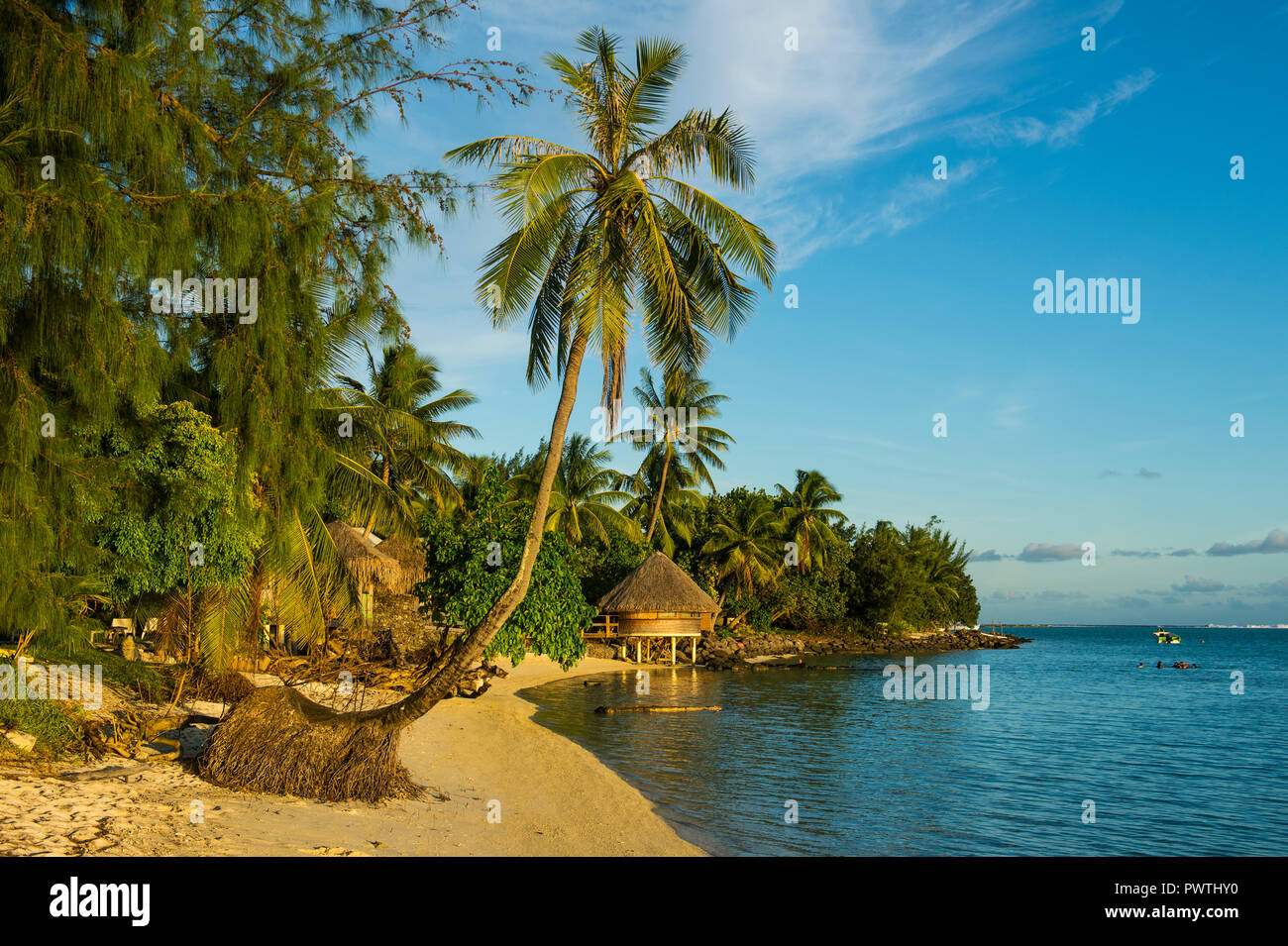 Matira Point beach in evening light, Bora Bora, French Polynesia Stock Photo