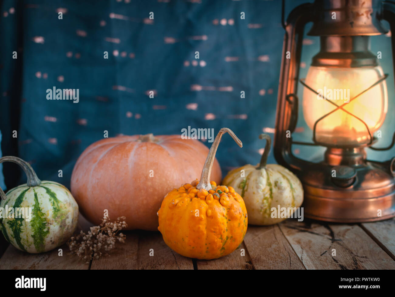 Mini pumpkins and lantern on wooden background Stock Photo