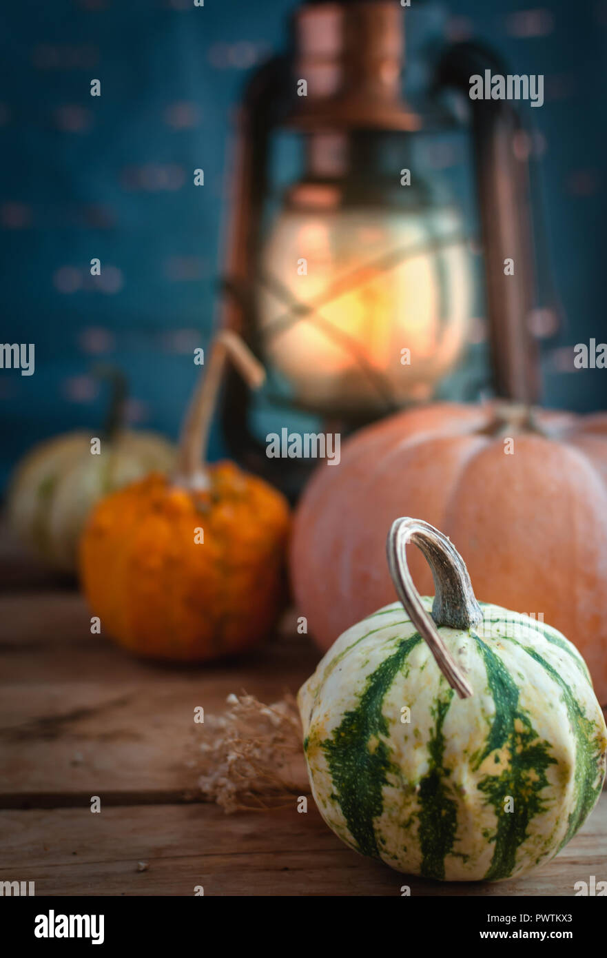 Mini pumpkins and lantern on wooden background Stock Photo