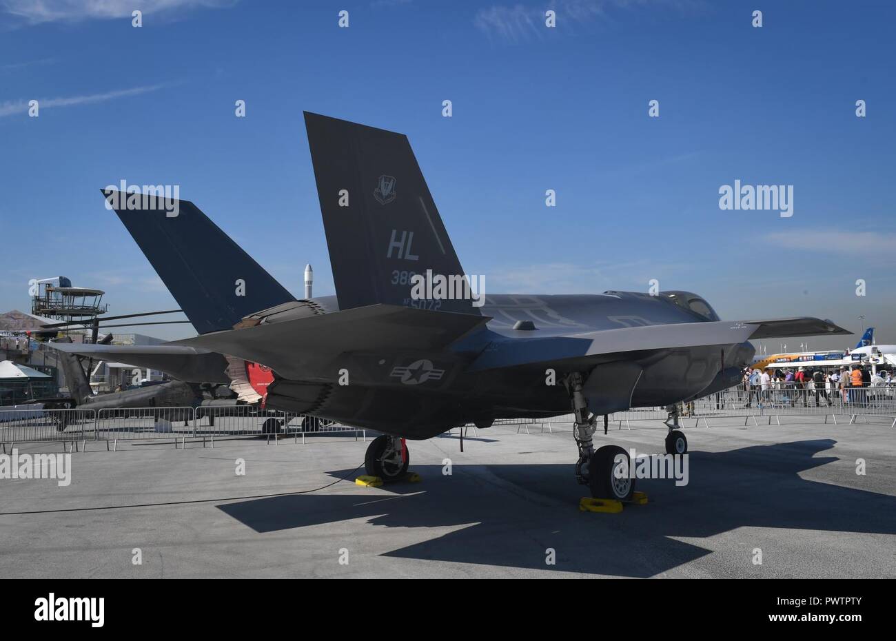 An F-35A Lightning II from Hill Air Force Base, Utah, is displayed in the U.S. corral at the Paris Air Show June 20, 2017 at Le Bourget, France. Aside from the F-35, the U.S. is displaying an F-16 Fighting Falcon, a CH-47 Chinook, an AH-64 Apache, a P-8 Poseidon, a C-130J Super Hercules and a CV-22 Osprey. The Paris Air Show offers the U.S. a unique opportunity to display their leadership in aerospeace and technology on an international scale. Stock Photo