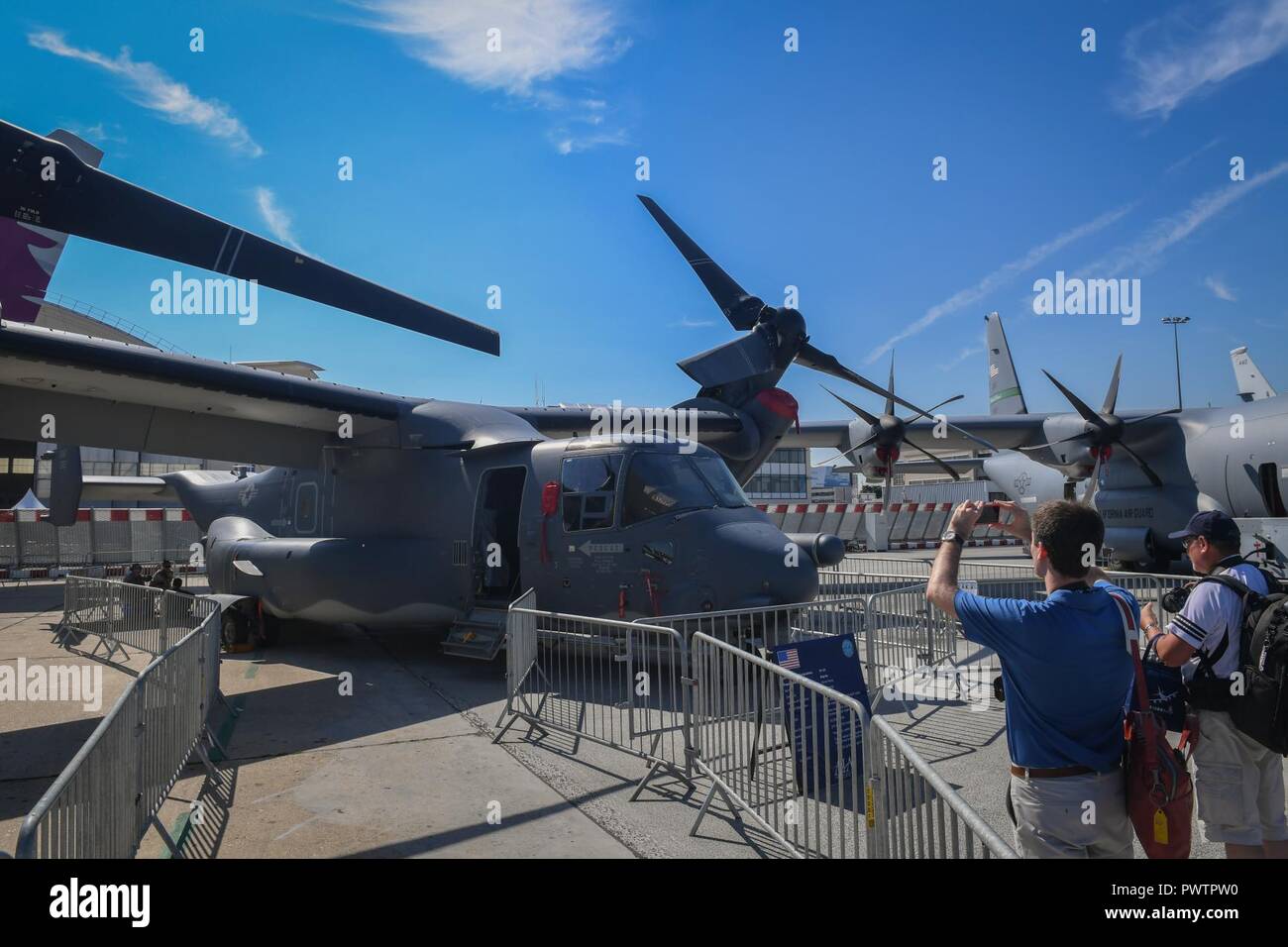 A CV-22 Osprey from the 352nd Special Operations Wing, Royal Air Force Mildenhall, is displayed in the U.S. corral at the Paris Air Show June 20, 2017 at Le Bourget, France. Aside from the CV-22, the U.S. is displaying an F-35A Lightning II, an F-16 Fighting Falcon, a CH-47 Chinook, an AH-64 Apache, a P-8 Poseidon, and a C-130J Super Hercules. The Paris Air Show offers the U.S. a unique opportunity to display their leadership in aerospeace and technology on an international scale. Stock Photo