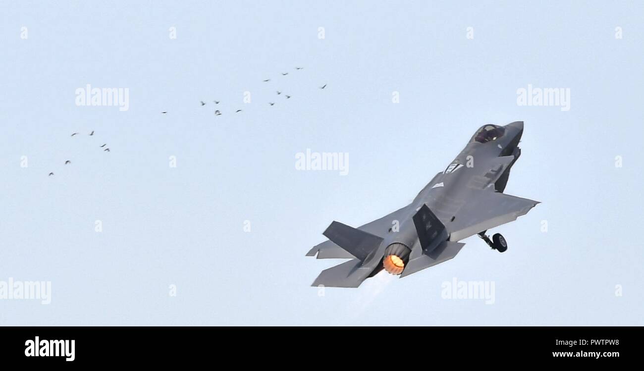 An F-35A Lightning II from Hill Air Force Base, Utah, takes off to perform a flight demonstration at the Paris Air Show June 20, 2017 at Le Bourget, France. This is the first time the F-35 has performed aerial demonstrations at an international air show. Aside from the F-35, the U.S. has static displays of an F-16 Fighting Falcon, a CH-47 Chinook, an AH-64 Apache, a P-8 Poseidon, a C-130J Super Hercules and a CV-22 Osprey. The Paris Air Show offers the U.S. a unique opportunity to display their leadership in aerospeace and technology on an international scale. Stock Photo