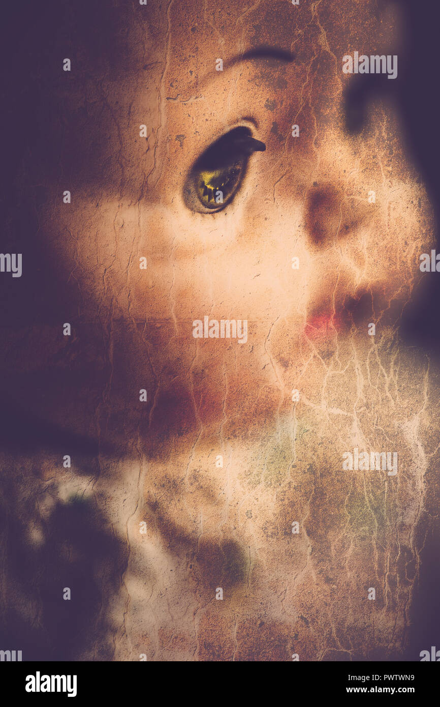 A closeup image of a face on a creepy doll, perfect for Halloween. Stock Photo