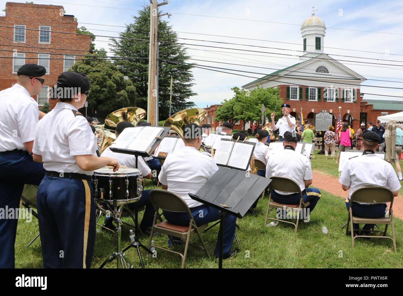 The Virginia National Guard's 29th Division Band provides music June 24, 2017, In Madison, Virginia, for a ceremony dedicating a new historical highway marker honoring a Medal of Honor recipient born in the county. The marker recognizes U.S. Army Cpl. Clinton Greaves and his act of 'extraordinary heroism' during a U.S. cavalry fight with Apache Indians on Jan. 24, 1877, in the Florida Mountains of New Mexico. The event was sponsored by American Legion Post #157, and Congressman Tom Garrett served as the guest speaker. Stock Photo