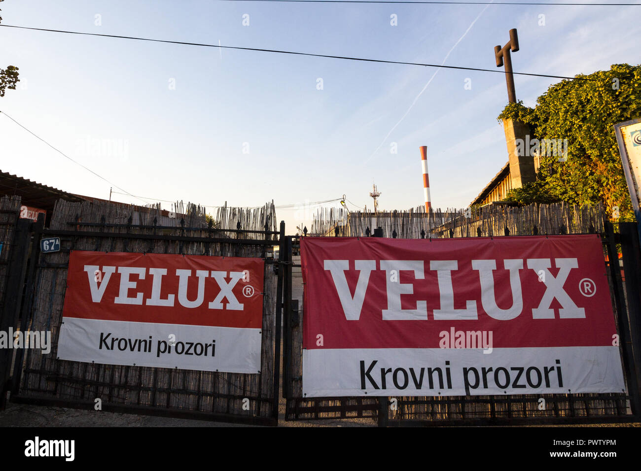 BELGRADE, SERBIA - OCTOBER 17, 2018: Velux logo on their retailer for Serbia. Velux is a Danish brand manufacturing skylight and roof windows, spread  Stock Photo