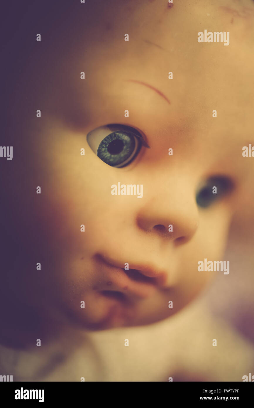 A closeup image of a face on a creepy doll, perfect for Halloween. Stock Photo