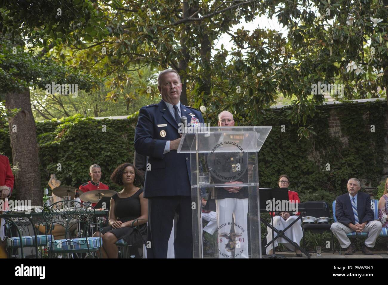 U.S. Air Force Lt. Gen. Thomas J. Trask, vice commander of Headquarters U.S. Special Operations Command (SOCOM), gives remarks during the evening parade reception at Marine Barracks Washington, Washington, D.C., June 23, 2017. Evening parades are held as a means of honoring senior officials, distinguished citizens and supporters of the Marine Corps. Stock Photo