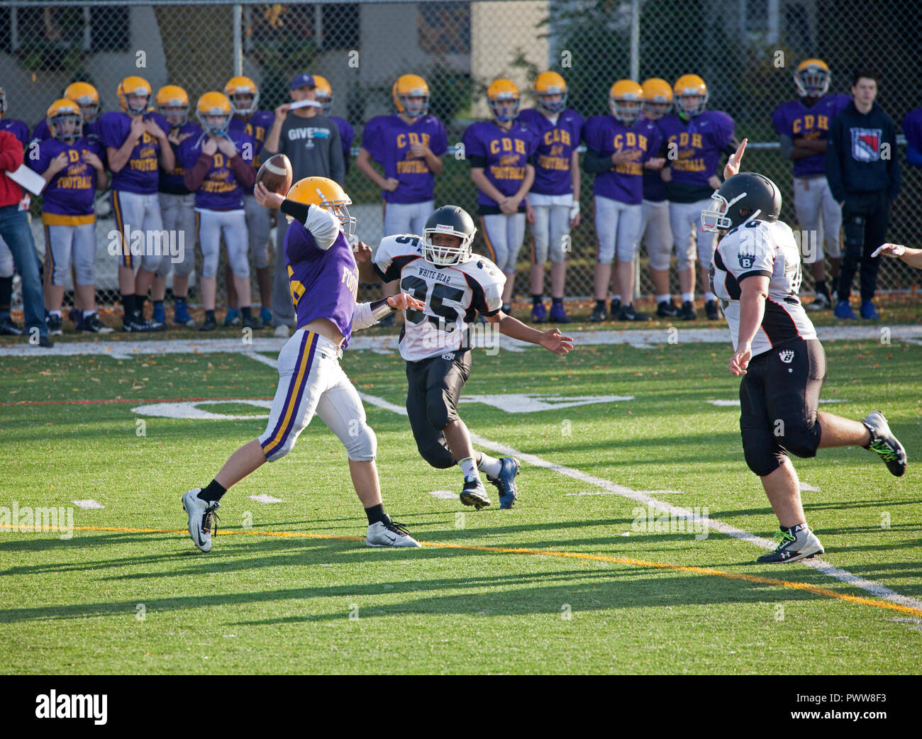 Cretin-Durham Hall High School quarterback passing football as White Bear High School defense closes in. St Paul Minnesota MN USA Stock Photo