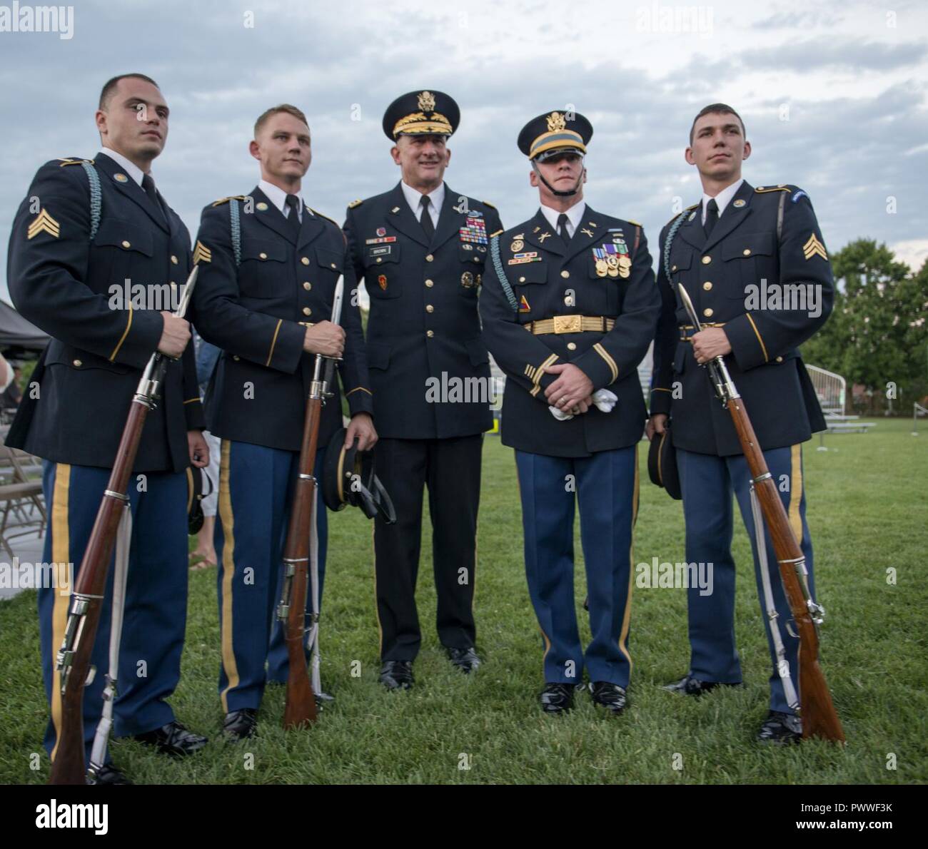 Gen. Robert B. Brown, commanding general, U.S. Army Pacific, takes a photo  with members of The United States Army Drill Team, June 21, 2017, on  Summerall Field, Joint Base Myer-Henderson Hall, Va.