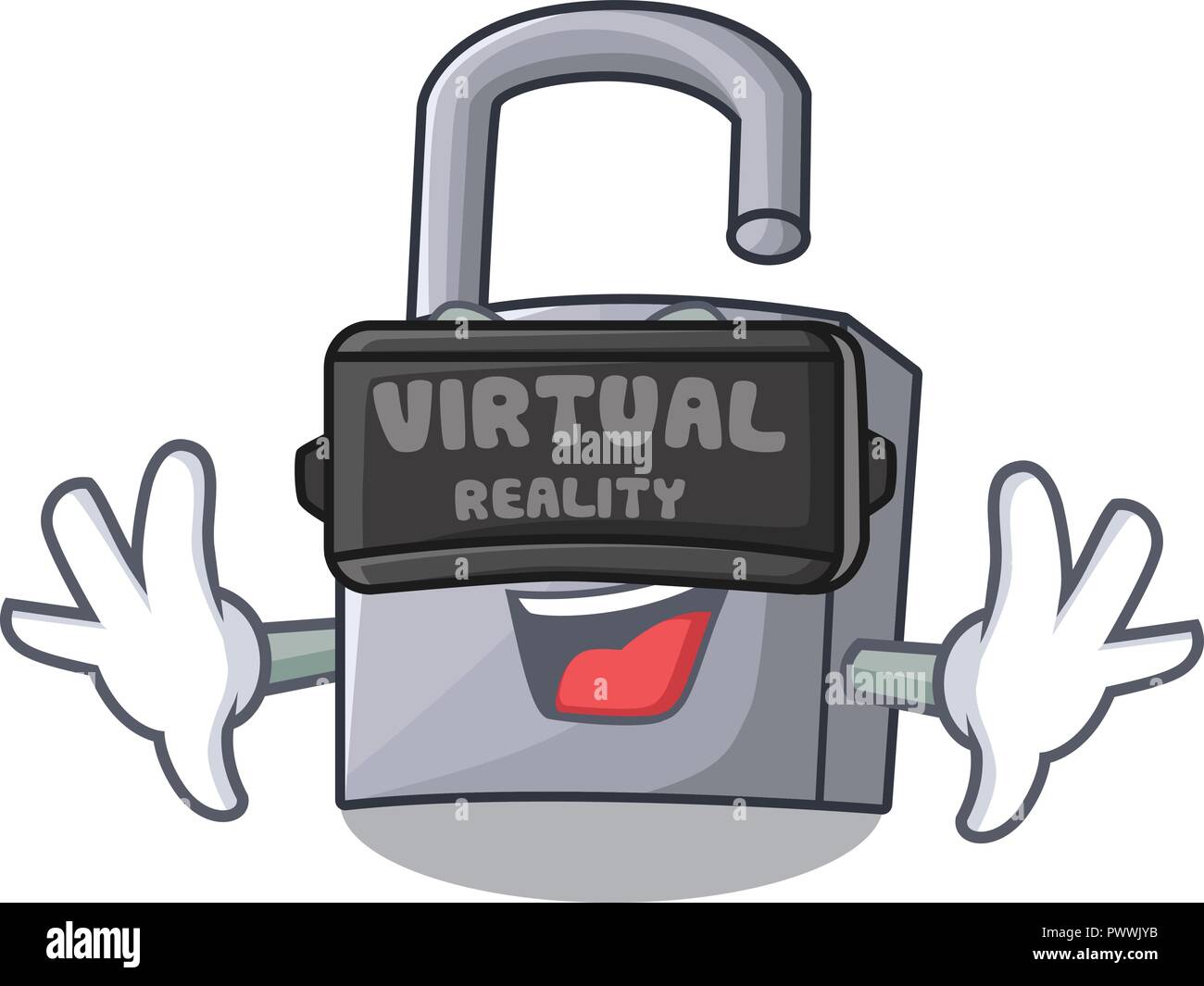 Virtual reality unlocking padlock on the cartoon gate Stock Vector