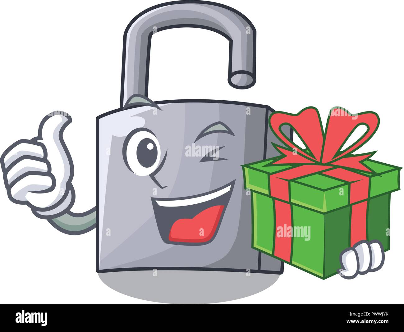 With gift unlocking padlock on the cartoon gate Stock Vector