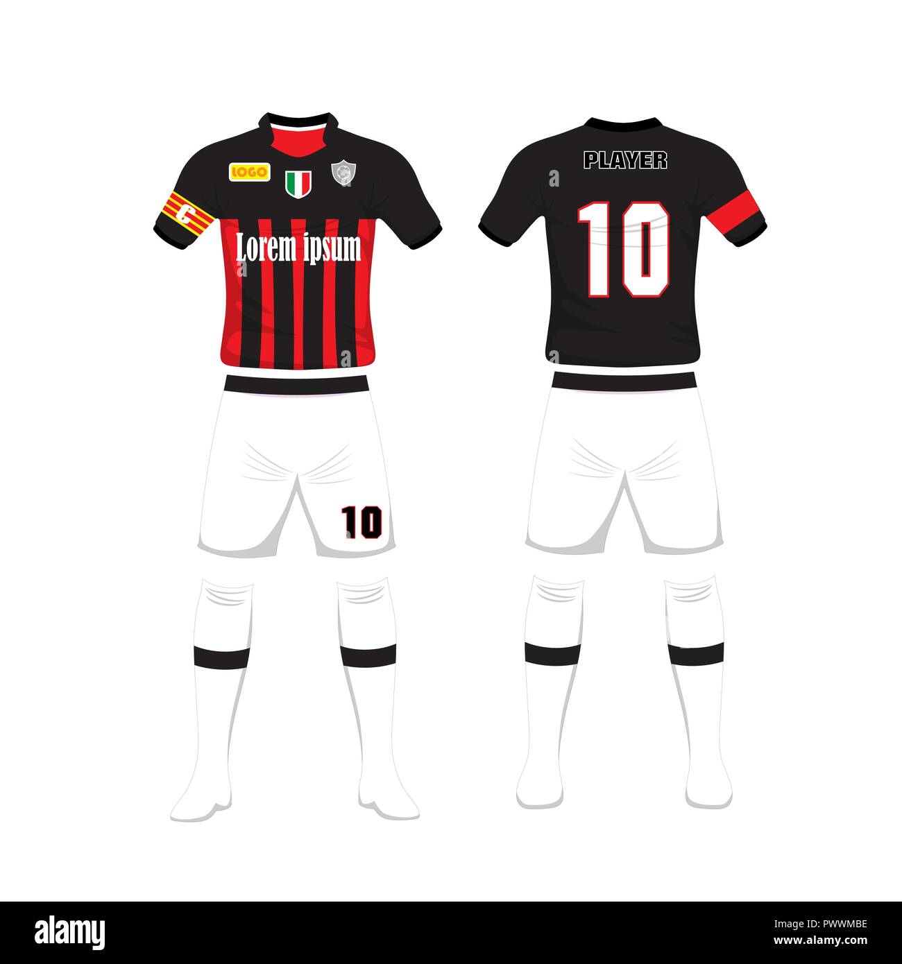 uniform of football Design. shirt of Soccer football. Football t-shirt. Front and back soccer football uniform. Vector Illustration on white backgroun Stock Vector
