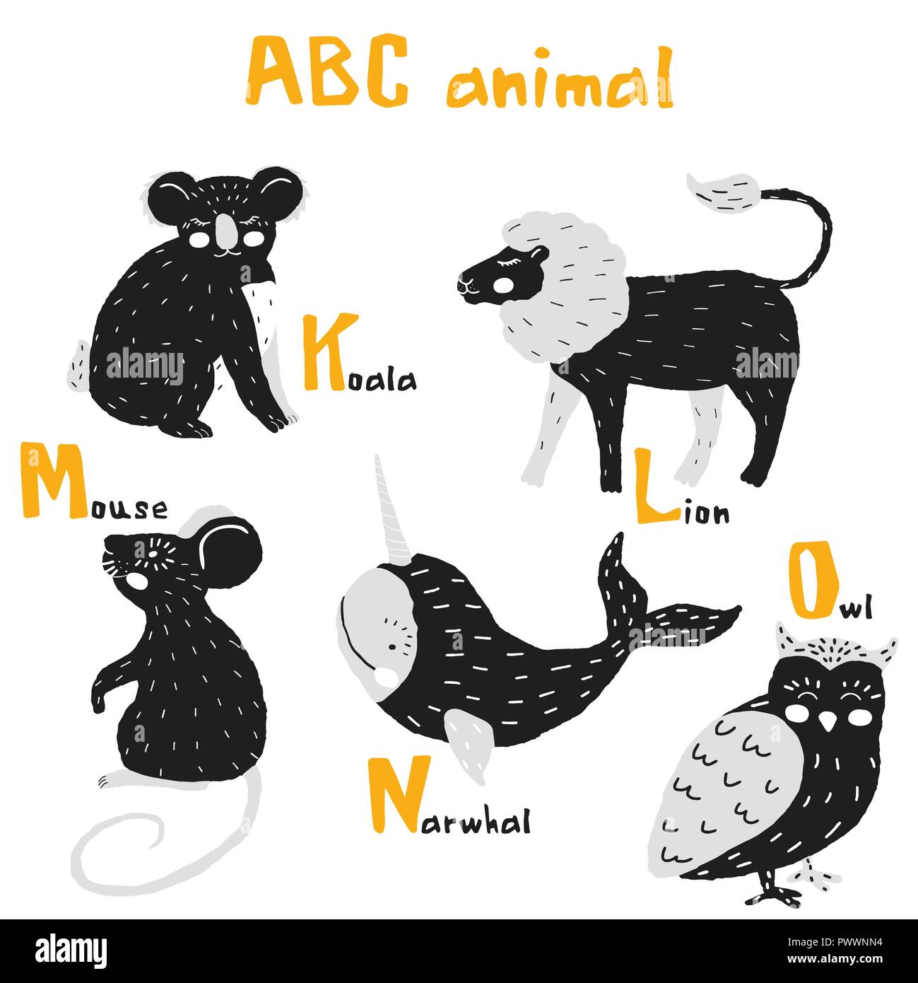 Vector hand drawn cute abc alphabet animal scandinavian design,lion,mouse,narwhal, dinosaur,owl Stock Vector