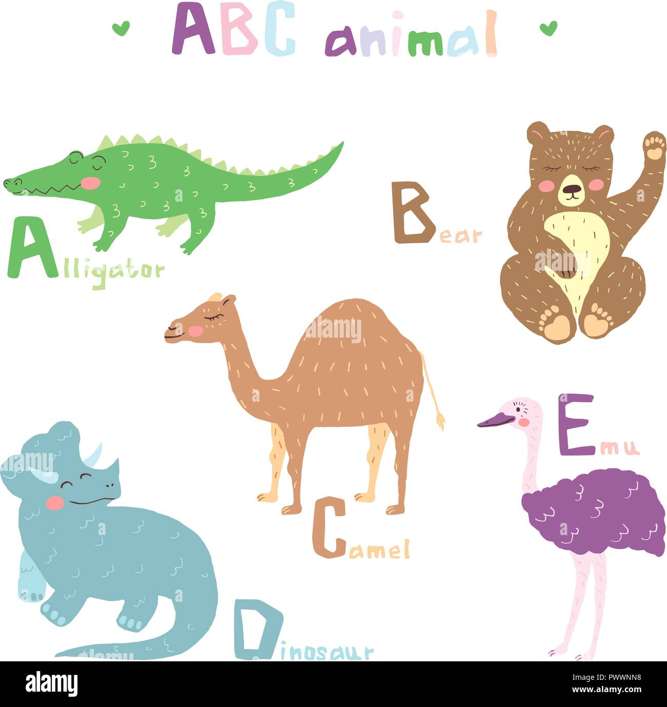 Vector hand drawn cute abc alphabet animal scandinavian design, alligator, bear, camel, dinosaur, emu Stock Vector