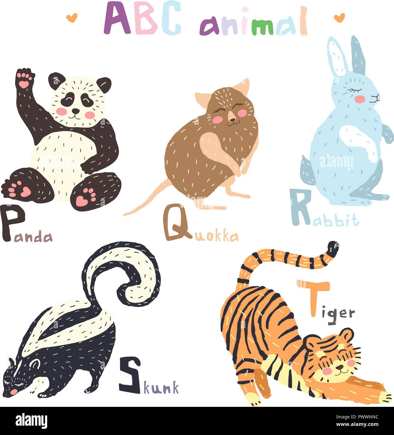 Vector hand drawn cute abc alphabet animal scandinavian design, panda, quokka, rabbit,skunk, tiger Stock Vector