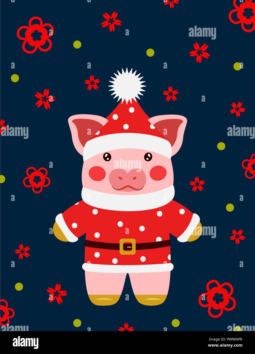 Happy new year cute pig Santa Claus postcard chinese. Symbol of the year 2019 vector illustrtion Stock Vector