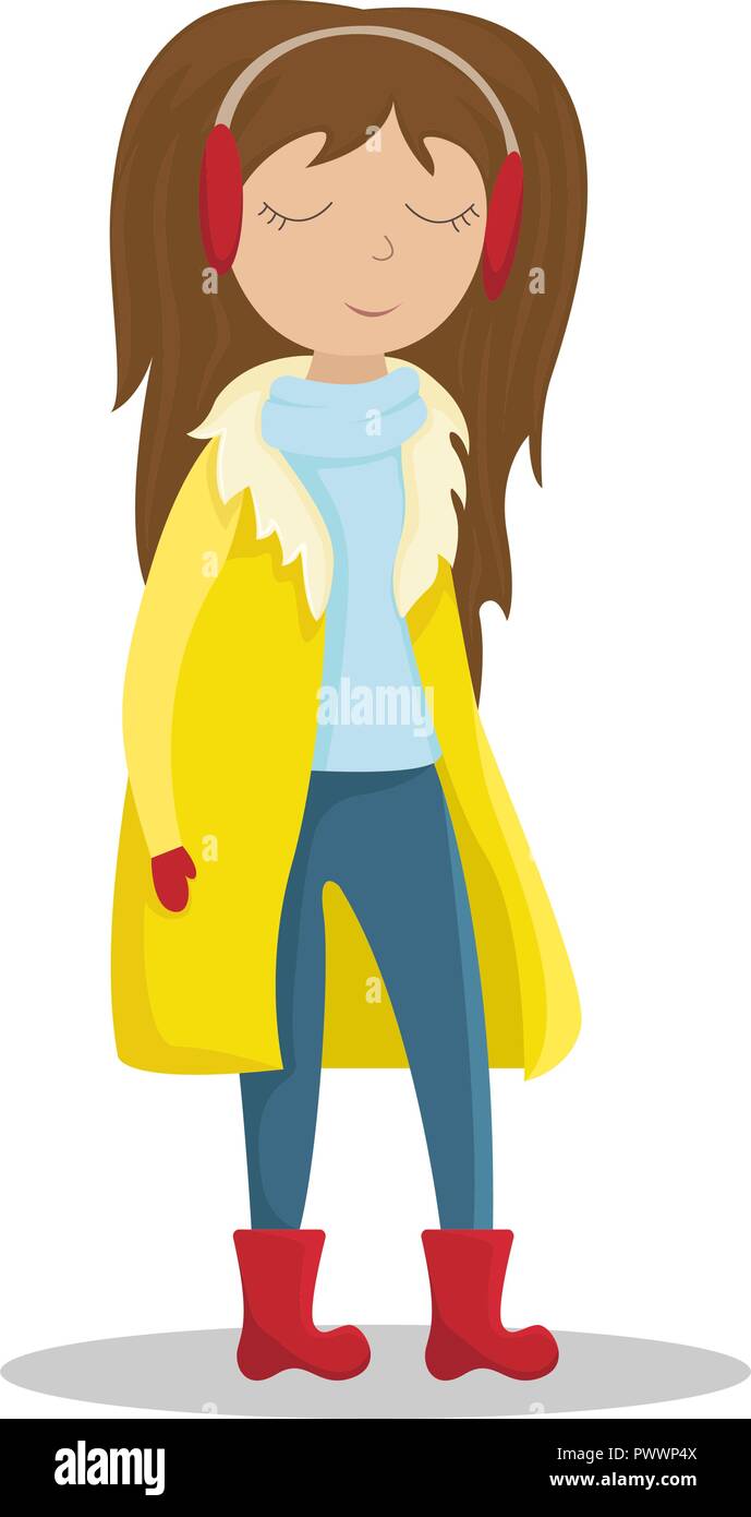 Girl in a yellow winter coat. Flat winter vector illustration. Stock Vector