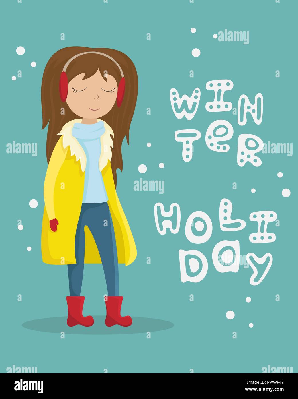 Girl in a yellow winter coat. Flat winter vector illustration with lettering. Stock Vector