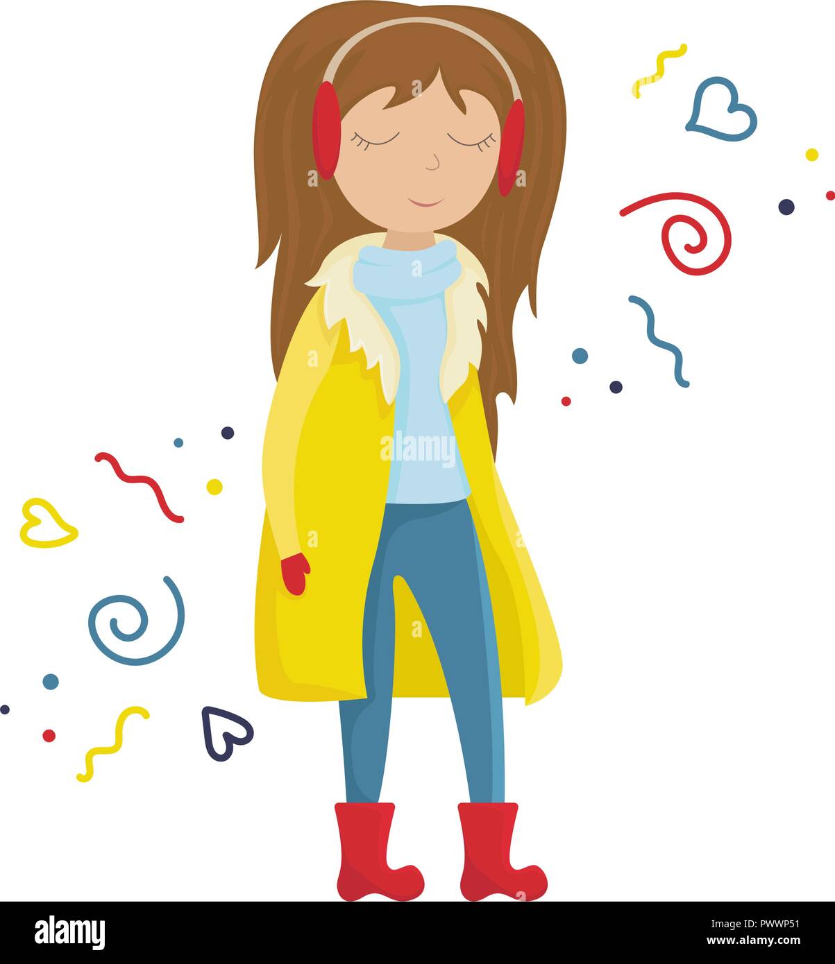Girl in a yellow winter coat. Flat winter vector illustration with doodles. Stock Vector