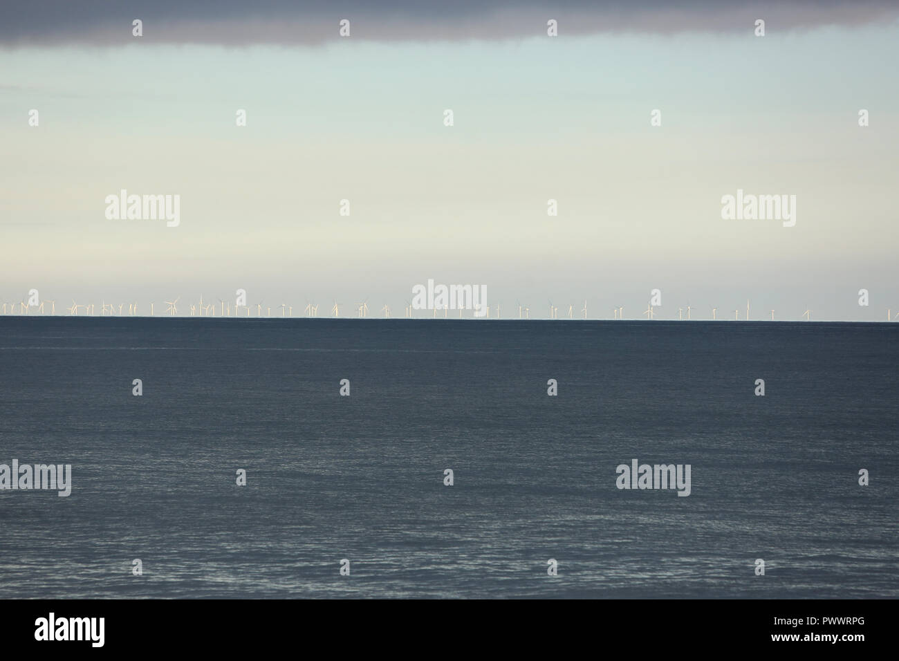 General view of the Rampion Wind Farm on the South Coast of England, UK ...