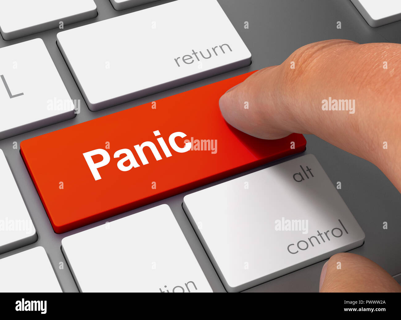 panic pushing keyboard with finger 3d concept illustration Stock Photo
