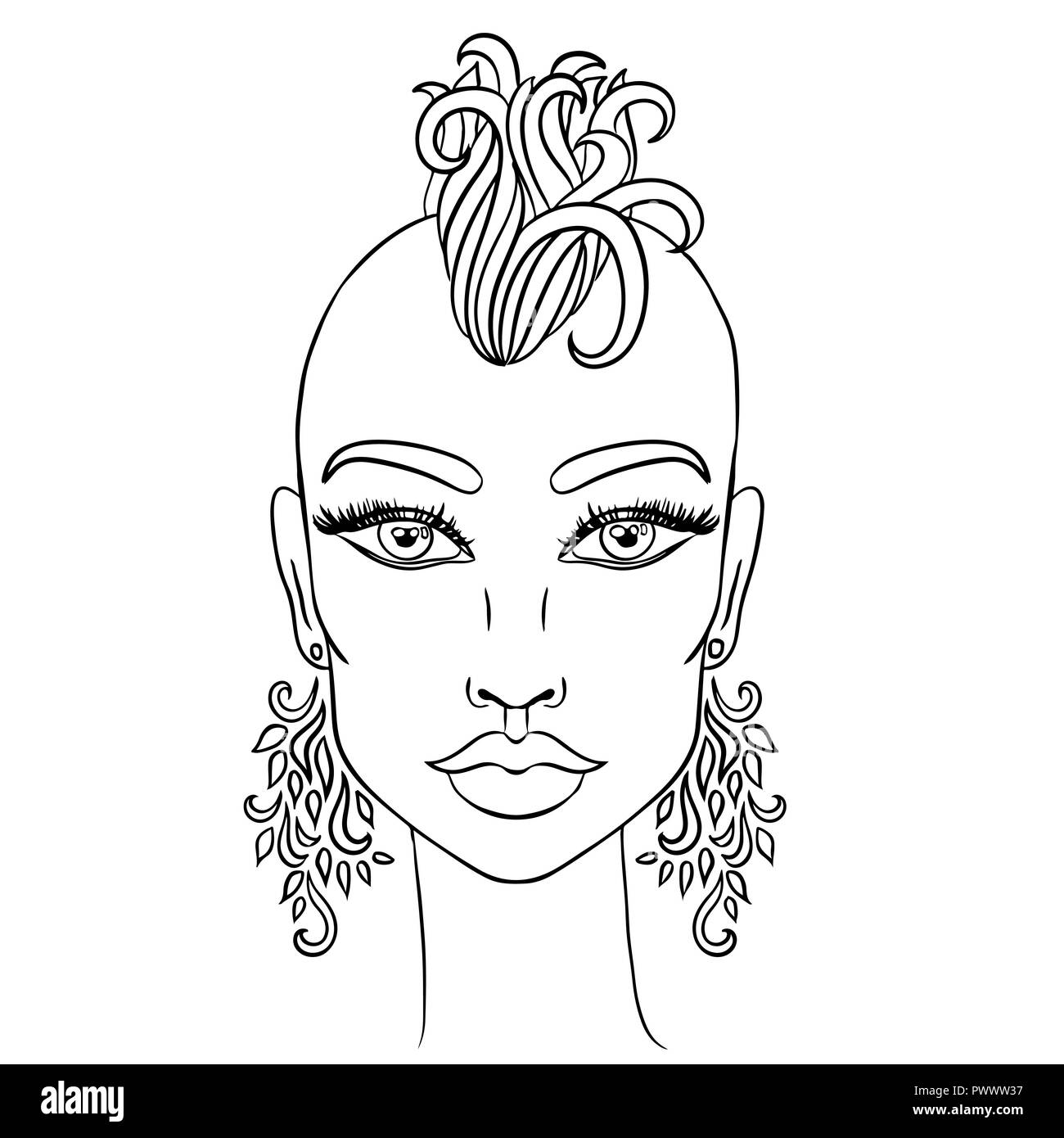 Doodle girl with shaved head and earrings. Womens portrait for adult coloring book. Vector illustration. Stock Vector