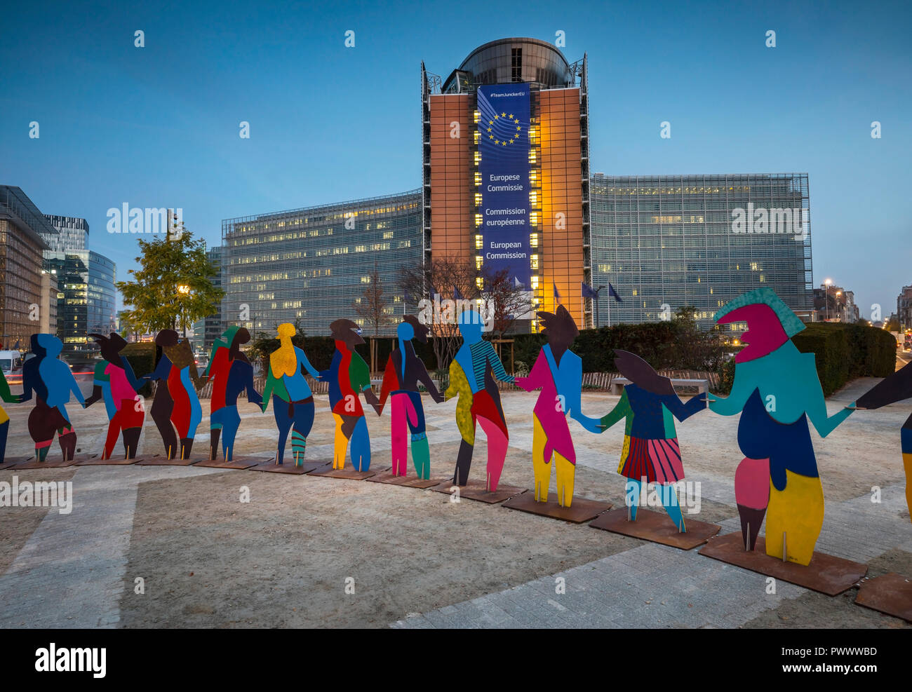 Enlightened Universe Geveva, European Commission building behind in Brusseles, Belgium Stock Photo