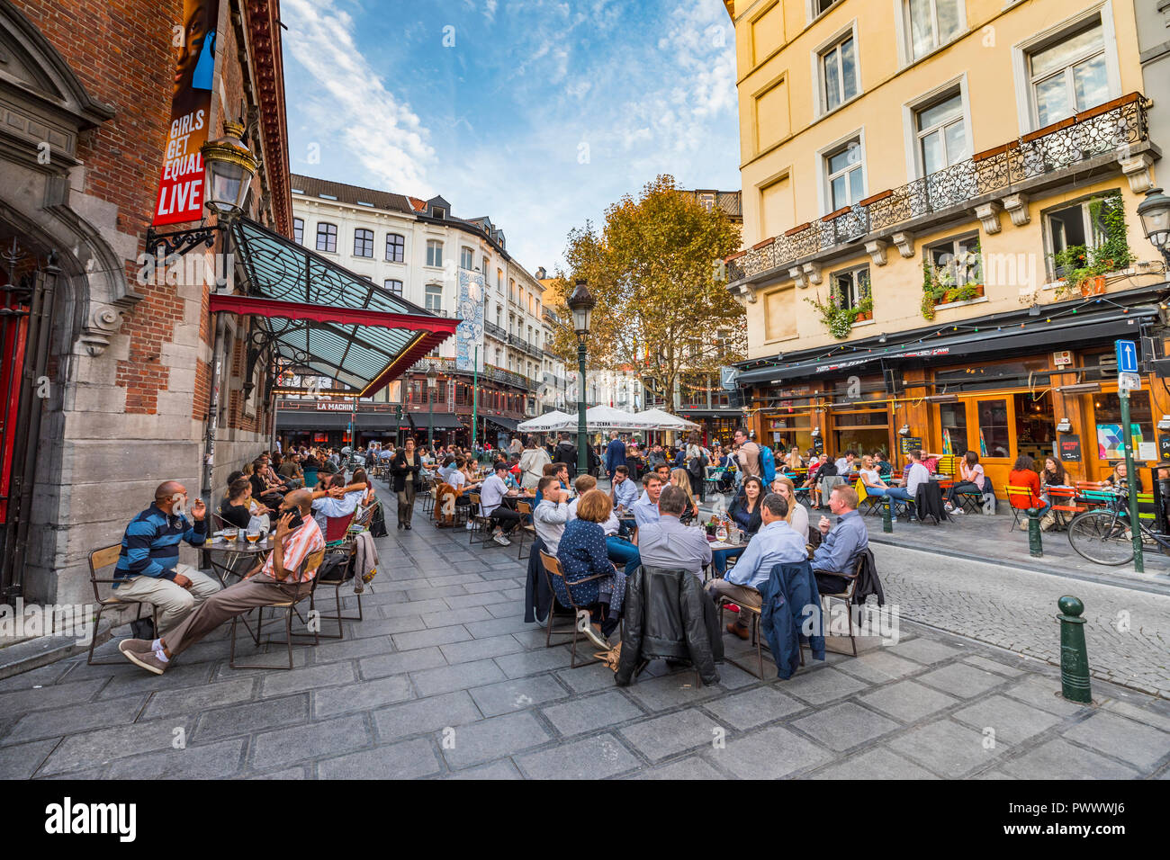 Brussels street, people sitting in the bars and restaurants Stock Photo