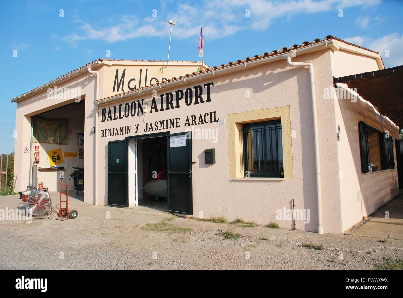 The headquarters of hot air balloon company Mallorca Balloons at Cala Bona on the Spanish island of Majorca on October 1, 2018. Stock Photo