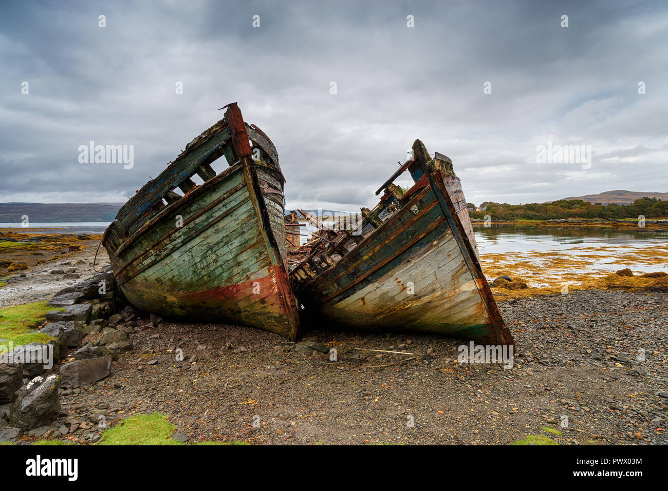 Beached boats at Salen on the Isle of Mull in Scotland Stock Photo