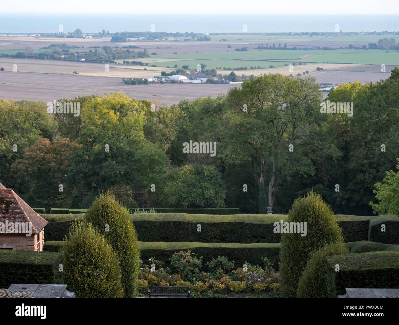 View of the South Downs with the sea on the horizon, photographed from the gardens at Port Lympne Wildlife Park near Ashford, Kent UK. Stock Photo