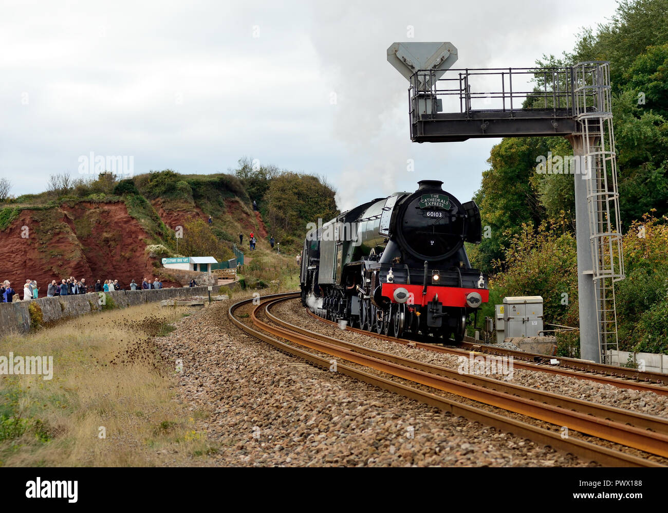 Celebrity LNER Class A3 Pacific No 60103 Flying Scotsman passing crowds at Langstone Rock, with the Cathedrals Express to Bristol, 8th October 2018. Stock Photo