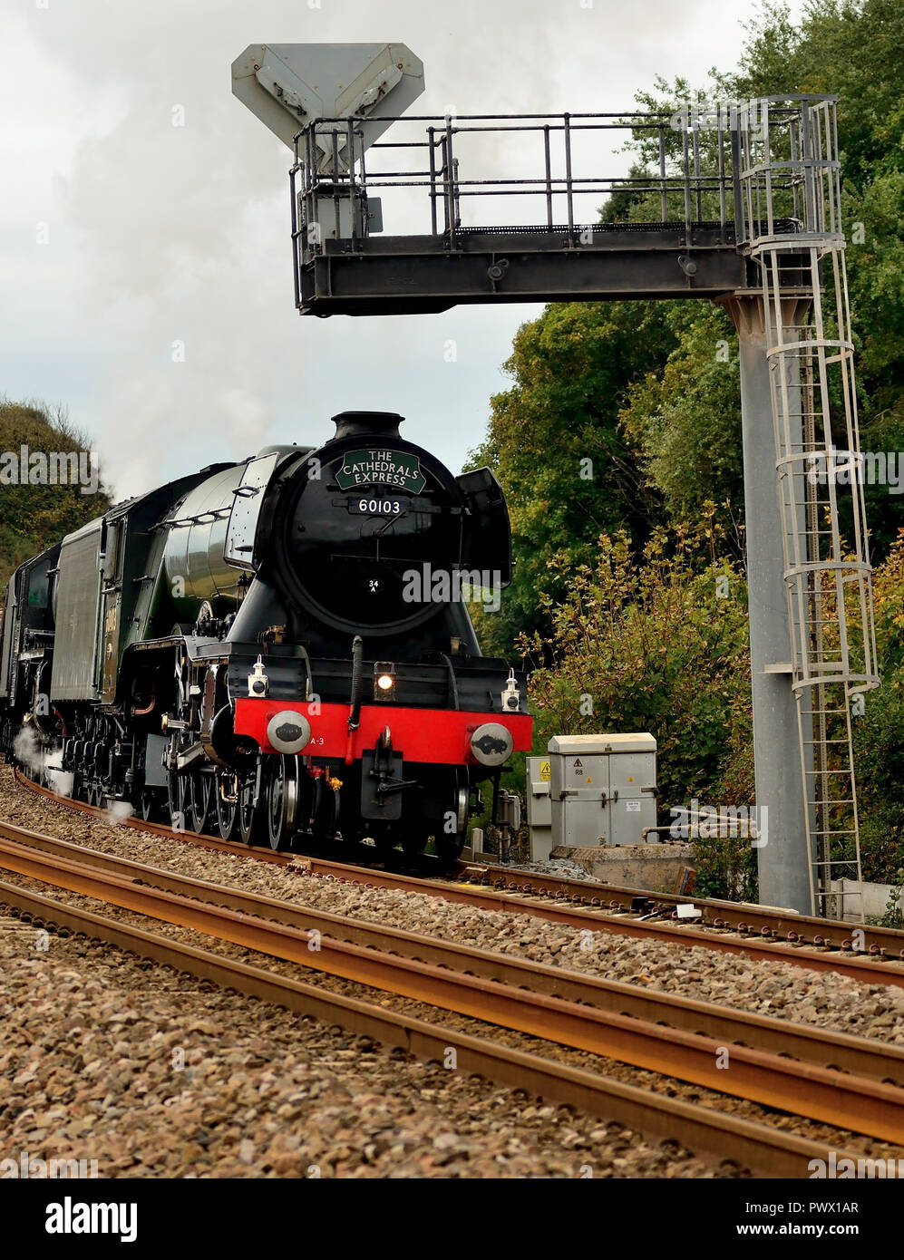 Celebrity LNER Class A3 Pacific No 60103 Flying Scotsman passing a signal gantry at Dawlish Warren, hauling the Cathedrals Express, 8th October 2018. Stock Photo