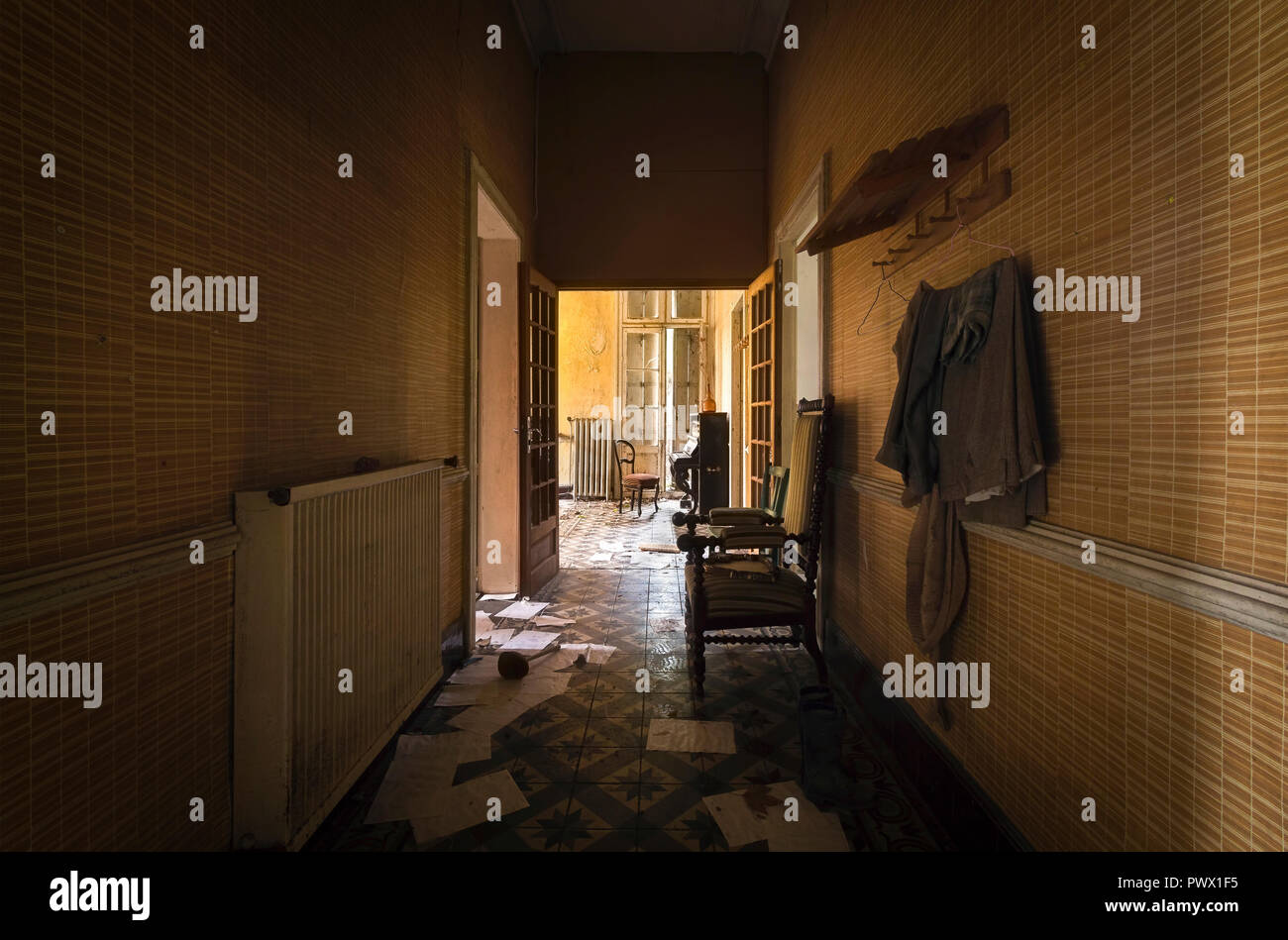 Interior view of the hallway in an abandoned house in France. Stock Photo
