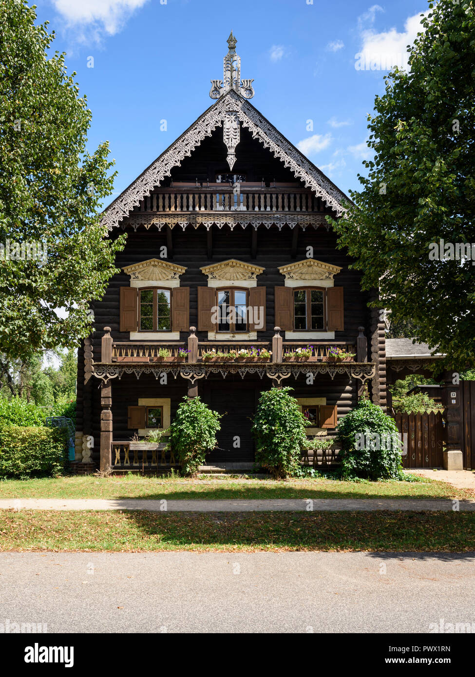 Potsdam. Berlin. Germany. Traditional Russian timber house in the settlement of Alexandrowka, a 19th century Russian colony in Potsdam. House No. 13. Stock Photo