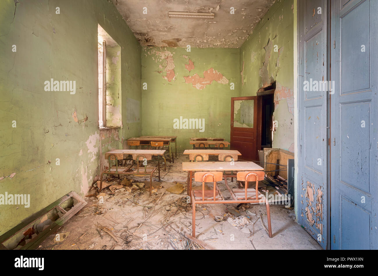 Interior view of a classroom in an abandoned school in France Stock ...
