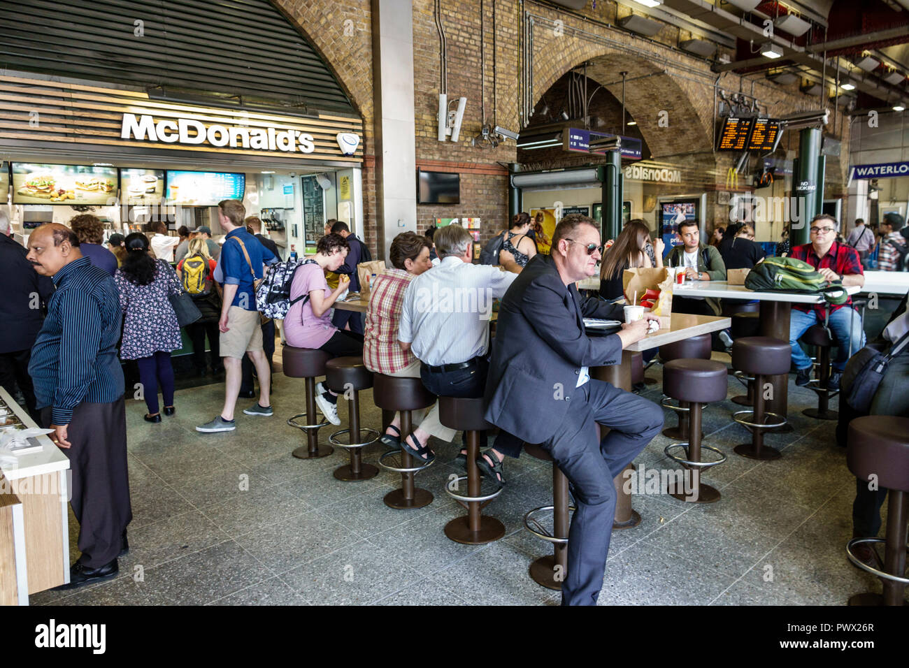 London England,UK,Lambeth South Bank,London Waterloo,train station,South Western Railway,National Rail network terminus,inside interior,McDonald's,res Stock Photo