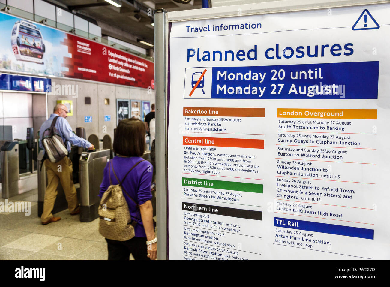 London England,UK,Lambeth South Bank,London Waterloo,train station,underground subway tube,travel information planned closures,man men male,woman fema Stock Photo