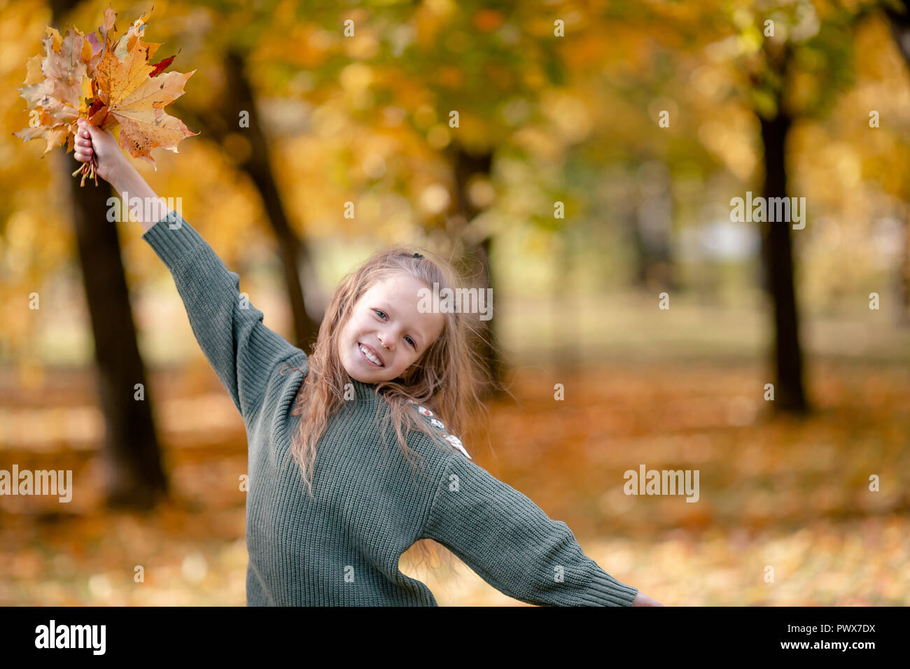 Portrait of adorable little girl with yellow leaves bouquet in fall ...