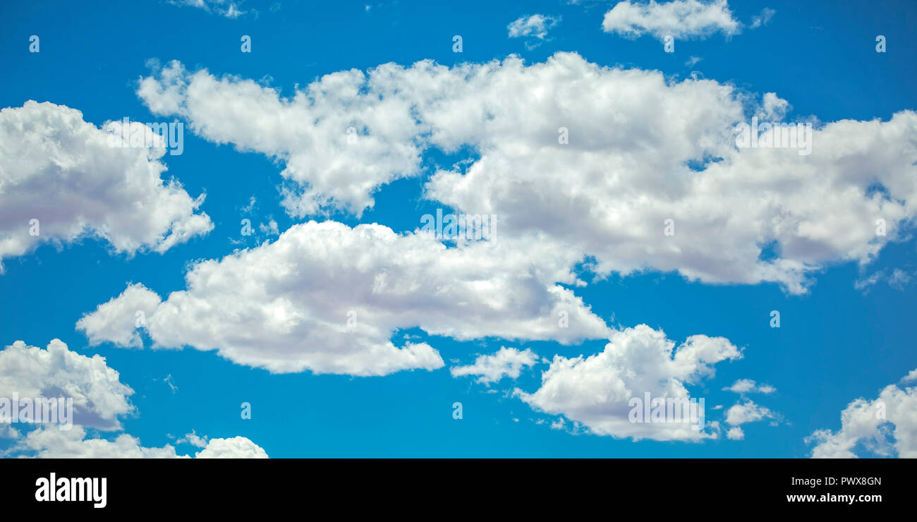 Vibrant blue sky with illuminated puffy clouds Stock Photo