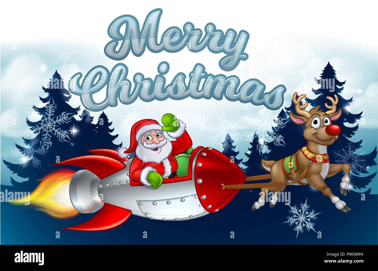 Santa Rocket Sleigh Merry Christmas Background  Stock Vector