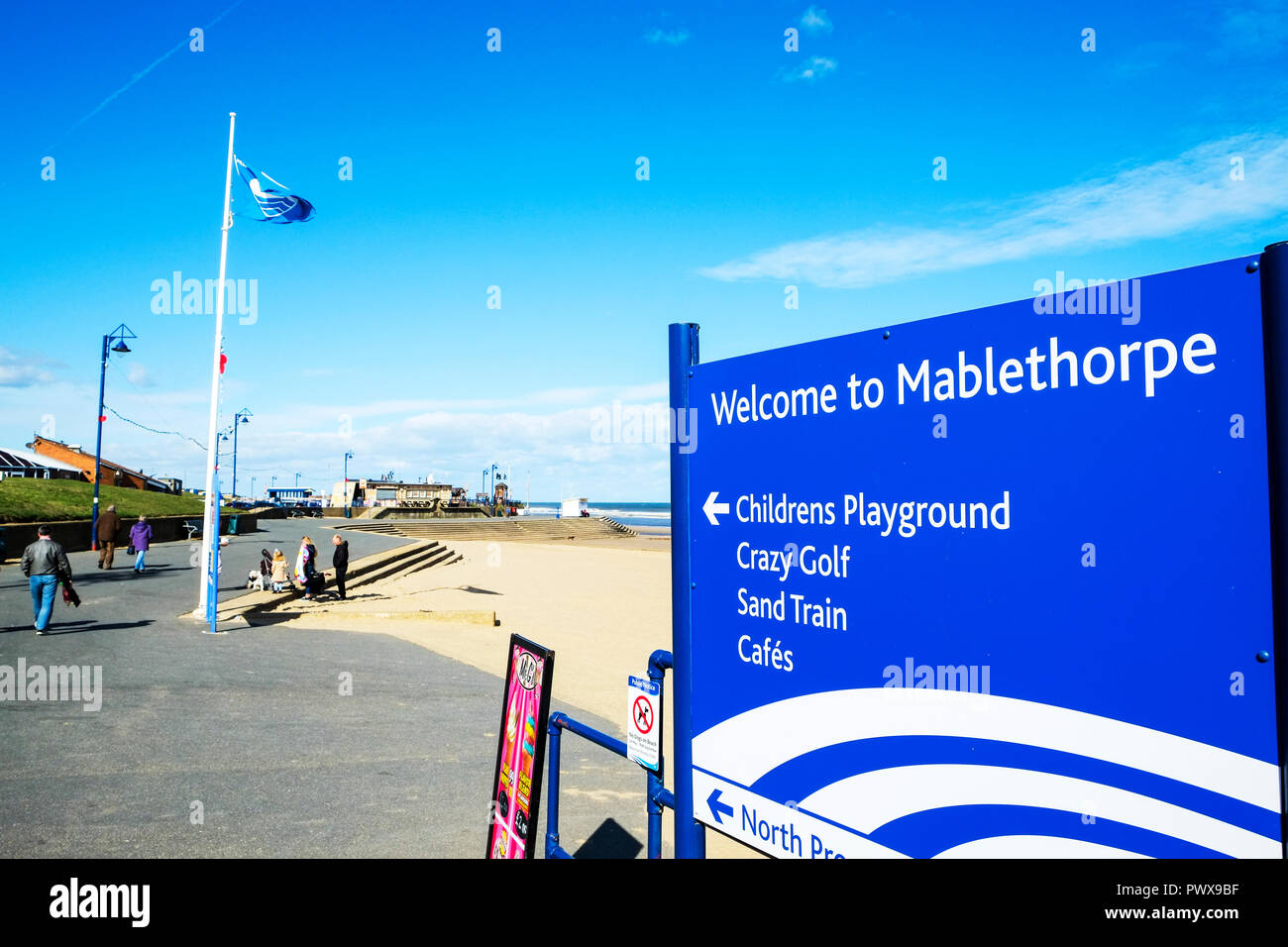 Mablethorpe, Lincolnshire, UK, Welcome to Mablethorpe sign, Mablethorpe UK, UK seaside towns, Mablethorpe town UK, seaside towns UK, seaside town, UK Stock Photo