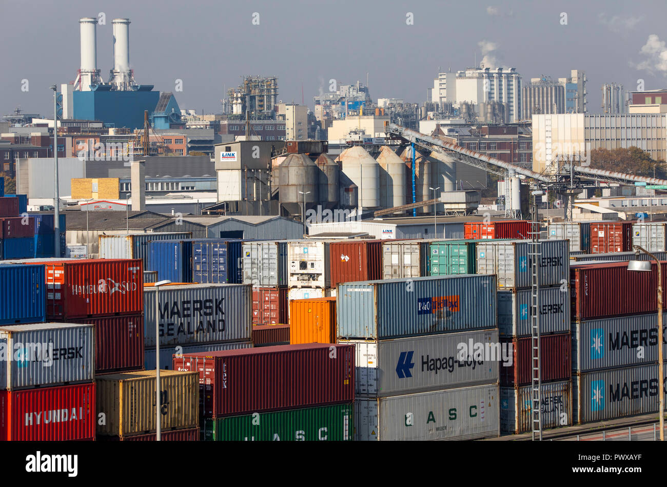 Container terminal in the Rhein-Neckar-Hafen Mannheim, in terms of area the largest inland port in Germany, container transshipment from river, rail a Stock Photo