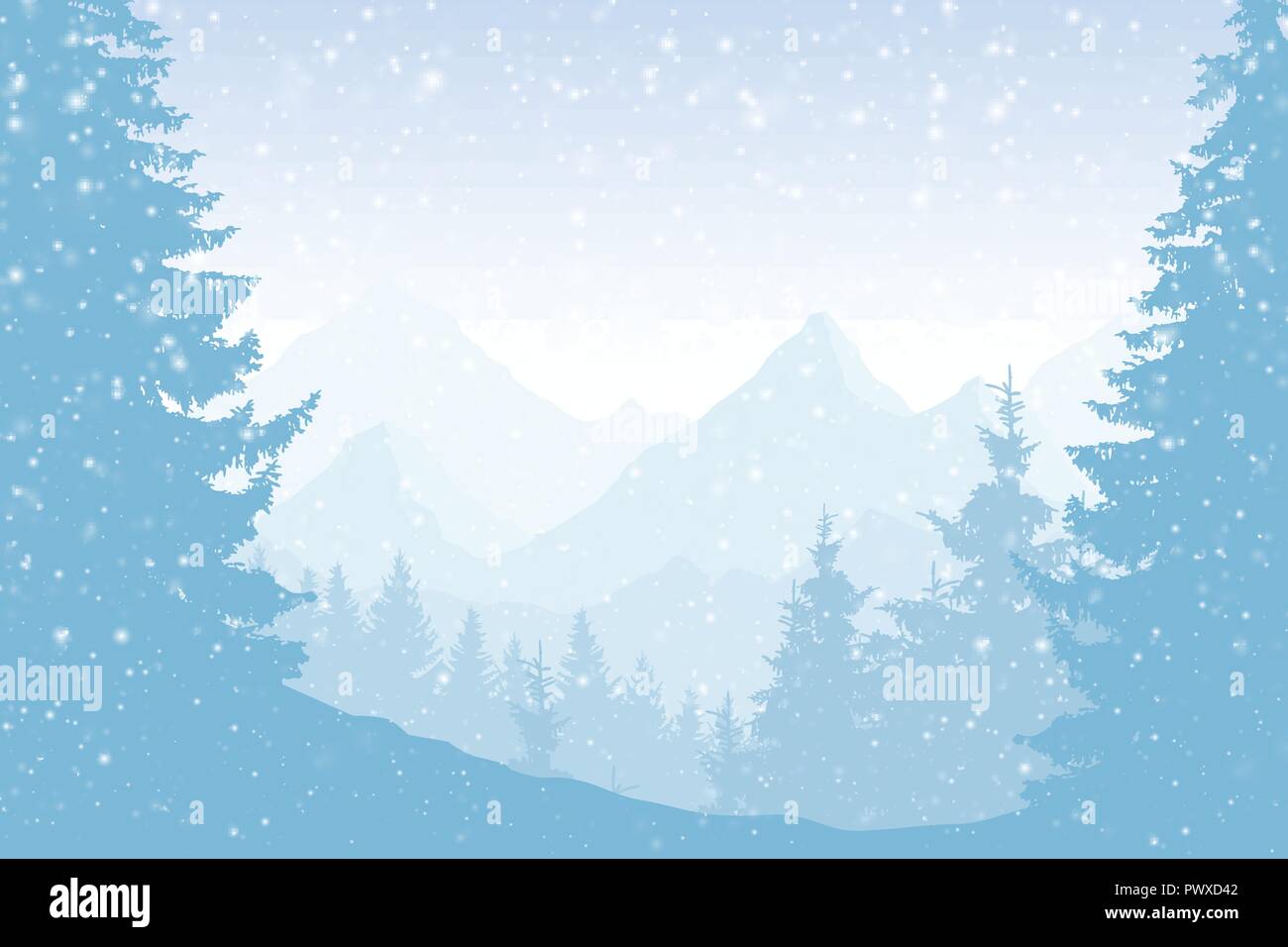 Vector illustration of a snowy winter mountain landscape with forest ...
